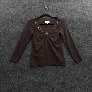 Ann Taylor Loft Brown Beaded V-Neck Long Sleeve Top XS Brown Rayon Blend